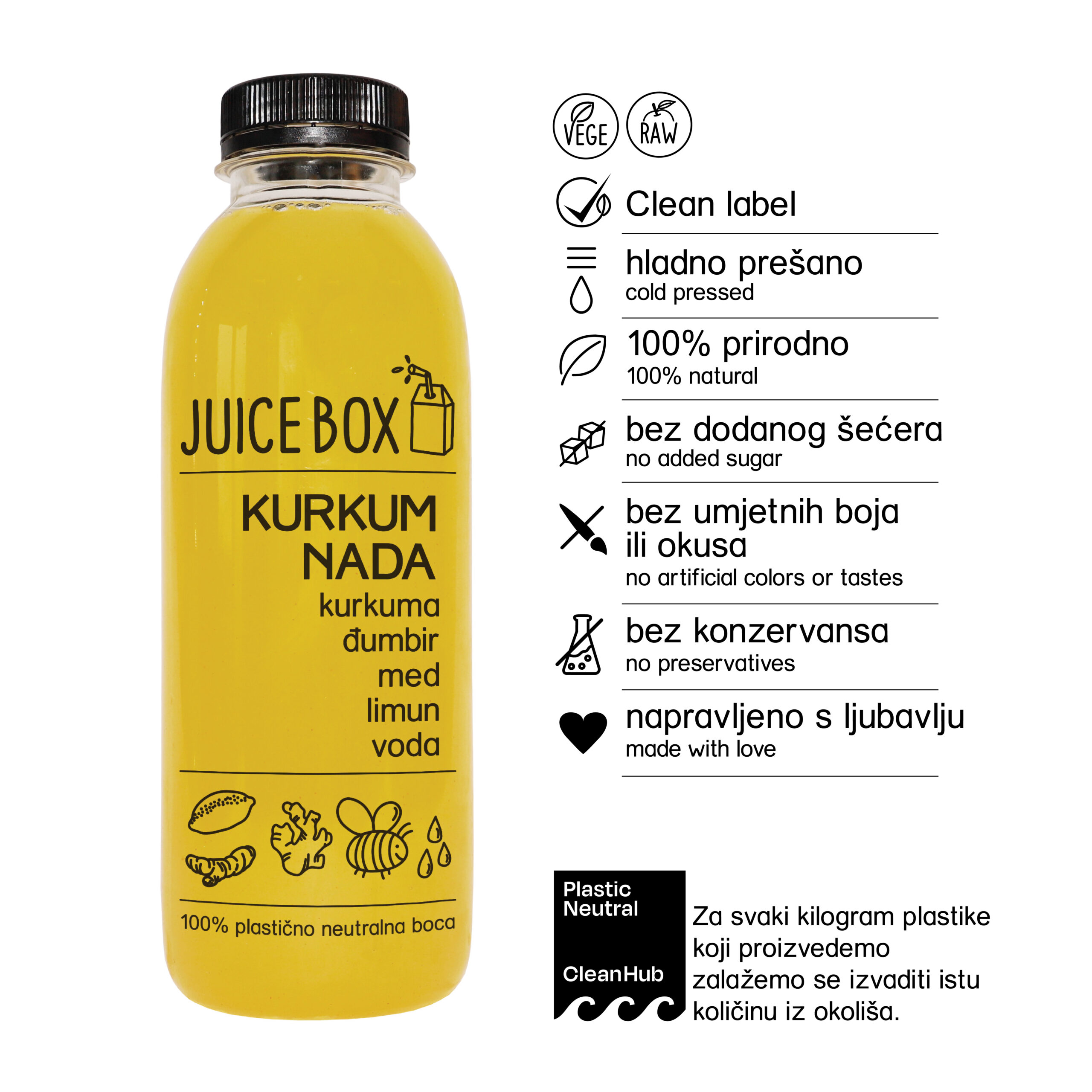 Kurkumnada je poput malog sunca u boci - njeni žuto-narančasti sastojci poput kurkume, đumbira i limuna pomažu u jačanju imuniteta, dok njen slatki okus meda u kombinaciji s vodom pomaže u osvježenju i hidrataciji tijela!