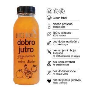 Boca hladno prešanog soka Juice Box "Dobro jutro" – kombinacija grejpa, naranče, mrkve i đumbira