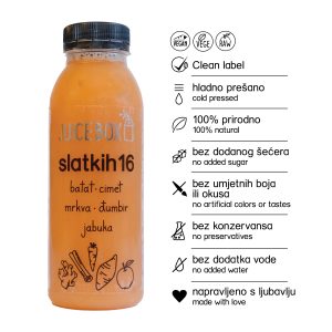 Boca hladno prešanog soka Juice Box "Slatkih 16" – vitaminski napitak s mrkvom, jabukom, đumbirom i cimetom